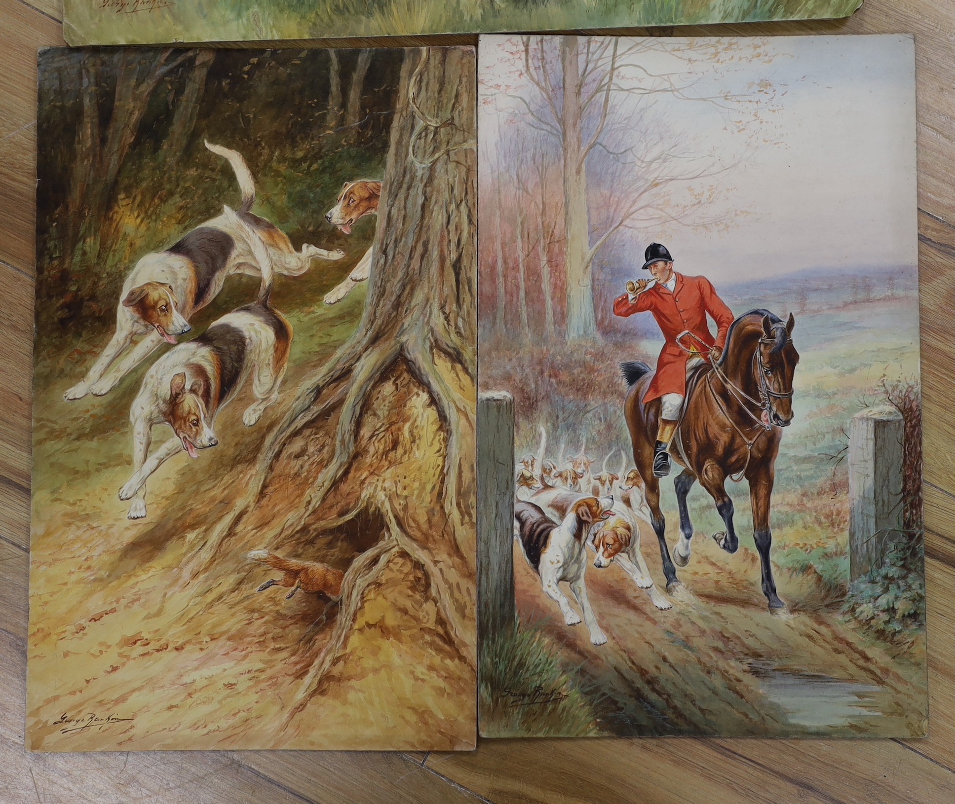 George Rankin (1864-1937), three watercolours, Hunting scenes, signed, largest 38 x 54cm, unframed